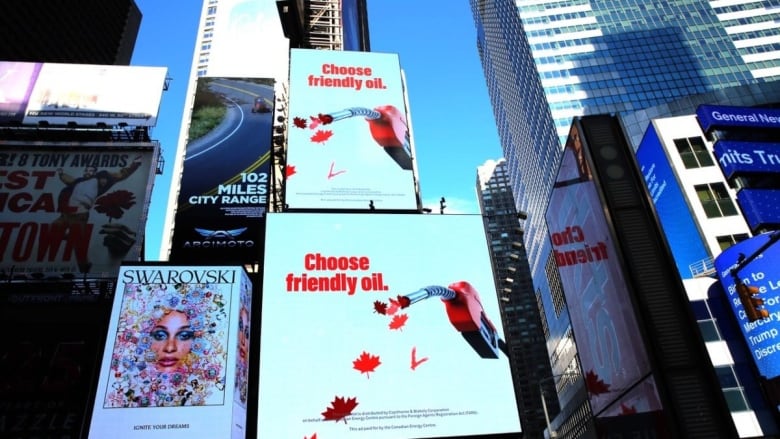 maple leaves come out of a gasoline pump in billboard ads