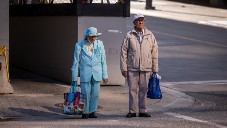 Two old people, holding shopping bags, stand at a zebra crossing.