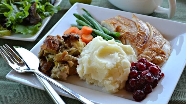 Plate with stuffing, mashed potatoes, veg, cranberries and turkey