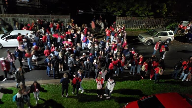 Dozens of partygoers stand in the middle of a residential street. 