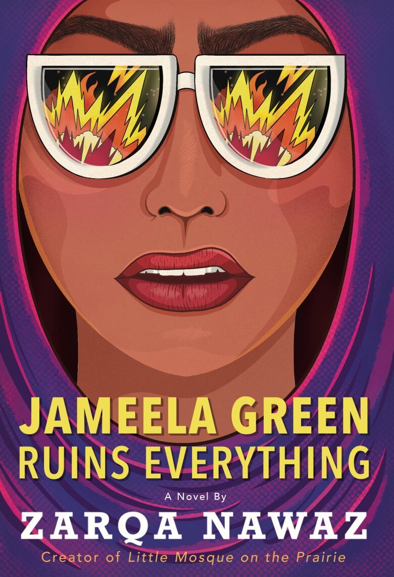 A brightly coloured purple book cover featuring a close-up of a woman's face. She is wearing a hijab and sunglasses.