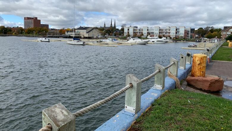 A view of Charlottetown Harbour with several small boats tied to docks and a cityscape in the background.