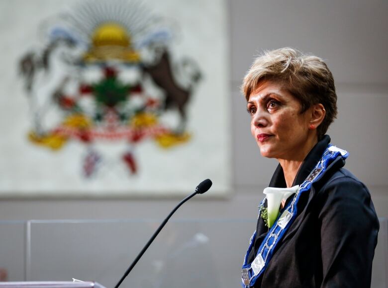 Jyoti Gondek speaks to the media after being sworn-in as the new mayor of Calgary in Calgary, Alta., Monday, Oct. 25, 2021. 