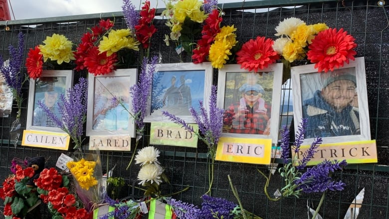 Memorial photos of five construction workers are shown.