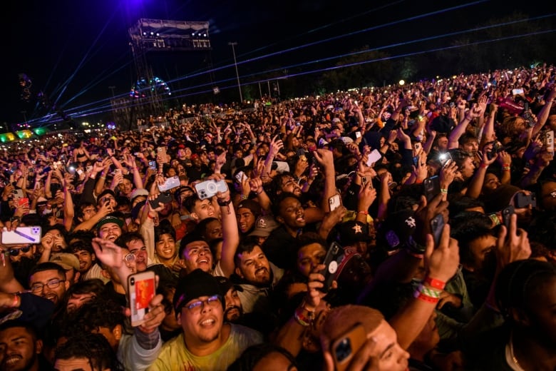 A crowd of people at an outdoor concert at night. 