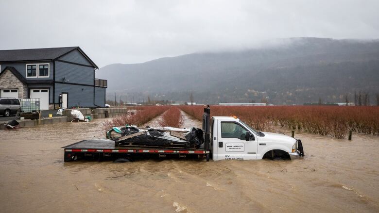 Flood waters cover the tires of a pickup truck.