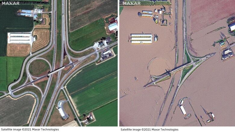 Two satellite images of a highway interchange. The one on the left shows a highway crossing through a series of green fields and farms. The one on the right shows widespread flooding and brown water.