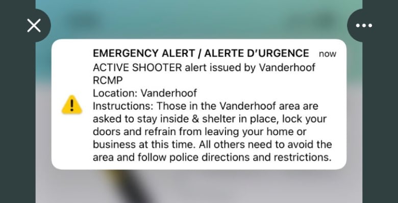 A screen shot of an Emergency Alert text message sent to people's cellphones, that states there's an active shooter alert in Vanderhoof and gives instructions to people living in the area to shelter in place and follow police directions. 