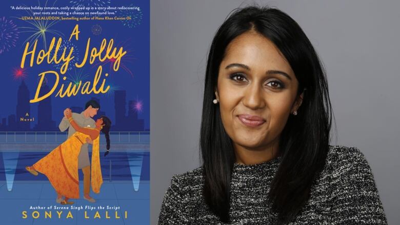 A book cover of a cartoon man dipping a woman in a sari with fireworks and a cityscape in the background.