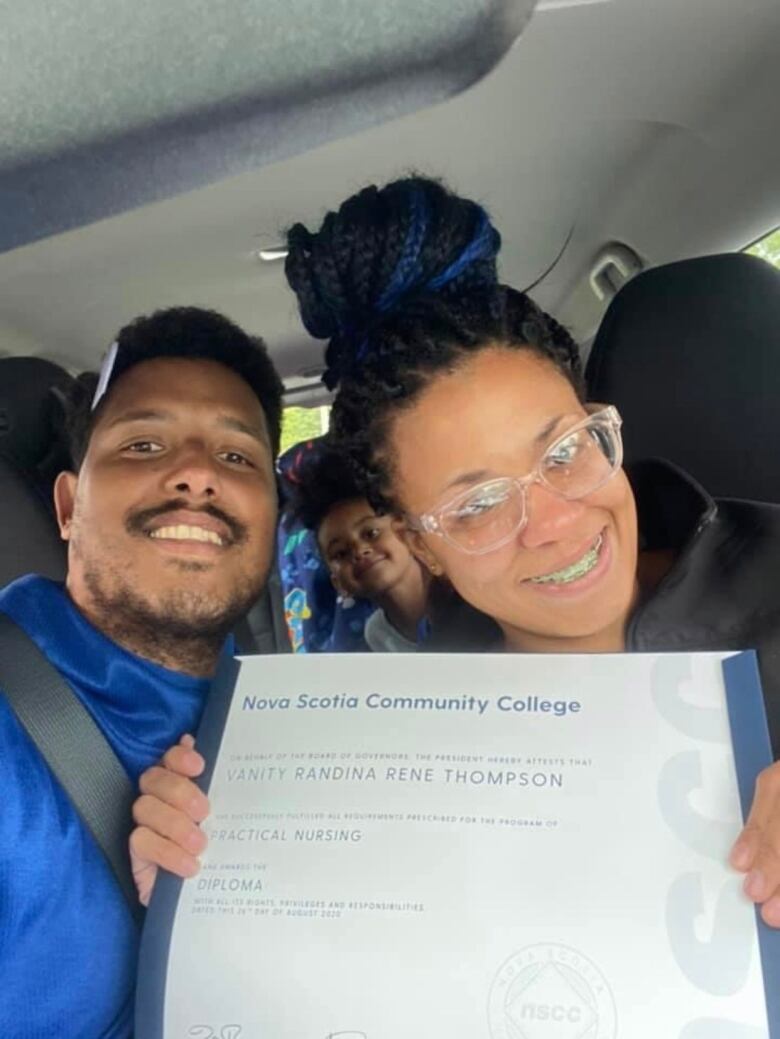 A Black family sits in a car. A Black woman holds a NSCC certificate