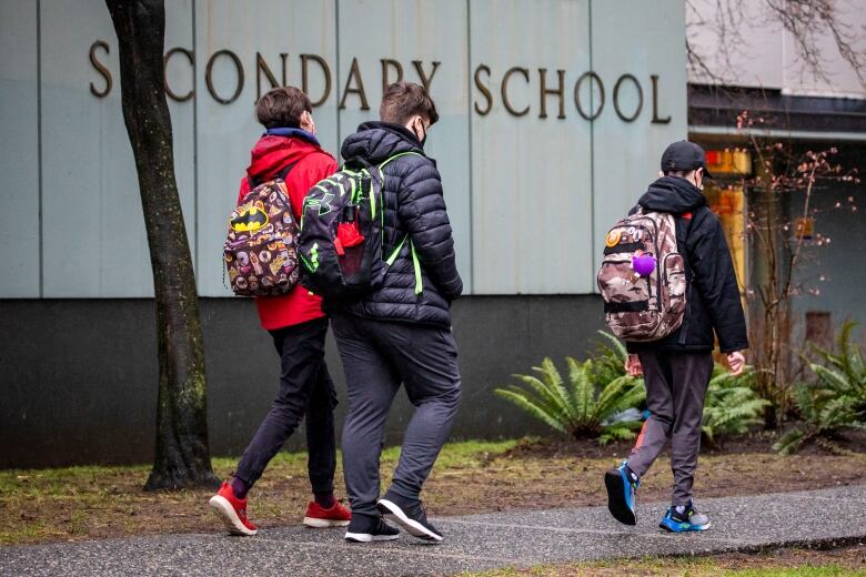 Three students with bag packs walking to their school.