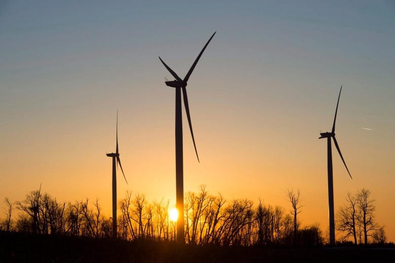 Wind turbines spin in front of the setting sun near Orono, Ont.