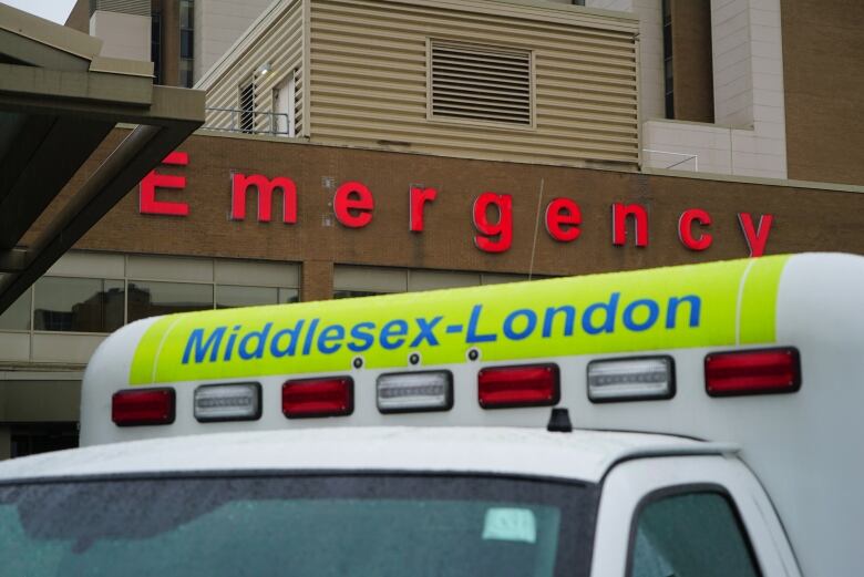 An ambulance outside the emergency department at Victoria Hospital in London, Ont.