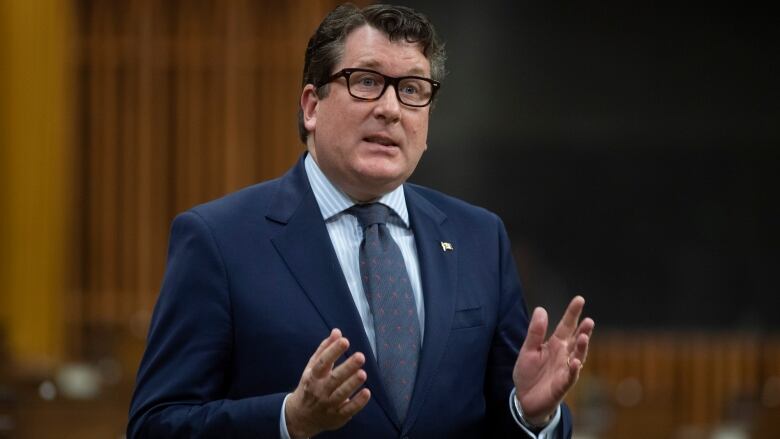 A man with dark hair and glasses is standing and speaking.