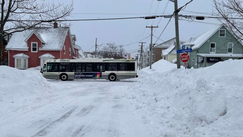 A Codaic Transpo bus driving along a snowy street. 