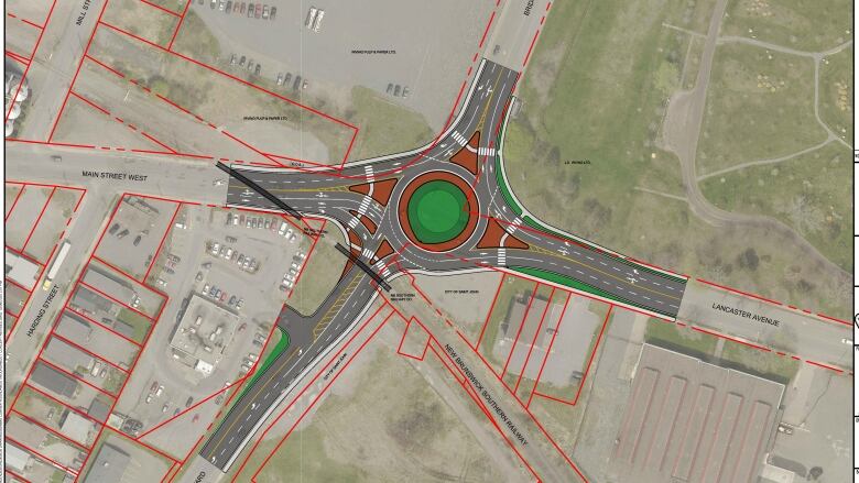 Aerial satellite shot of prospective roundabout in intersection. 