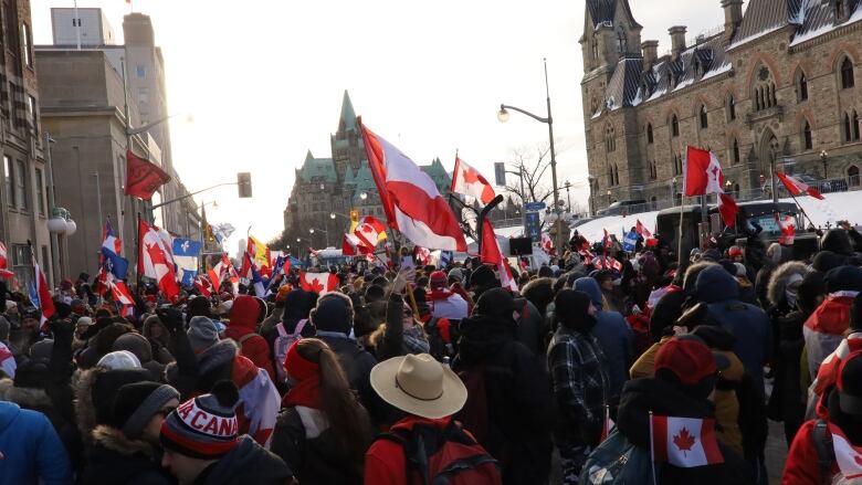 A large crowd of people with Canada flags standing in a street.