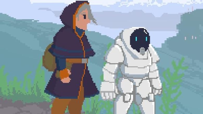 Pixel art rendering of a person walking beside a robot outside.