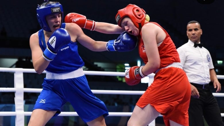 Two boxers, blue on the left and red on the right, fighting in a ring.