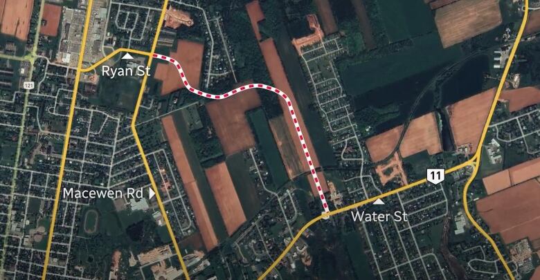 A map showing the proposed East-West Connector Road, which would link Water Street East near Reads Corner with Ryan Street and MacEwen Road.