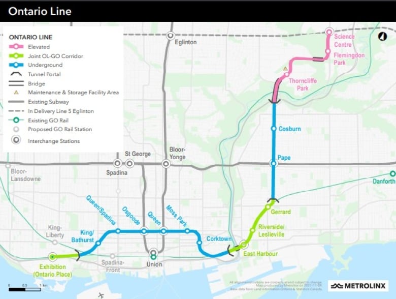 The Ontario Line will begin near Ontario Place south of Exhibition Place, move through the downtown core and end at the now-defunct Ontario Science Centre in North York, with a total of 15 station stops. 