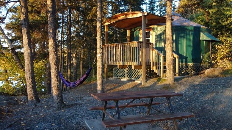 Small cabin in the woods with a deck, a hammock and a picnic table.