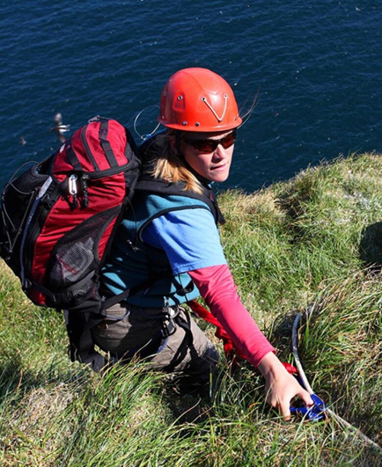 A lady with helmet climbs alongside a cliff.