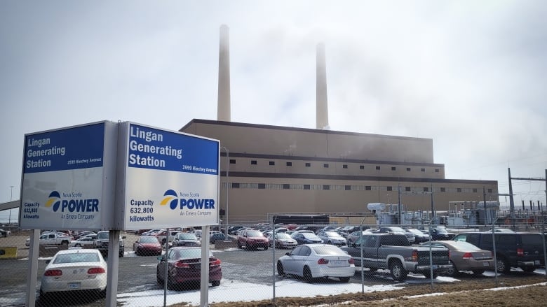 Nova Scotia Powers coal-fired station at Lingan shrouded in smoke and fog April 7, 2022.