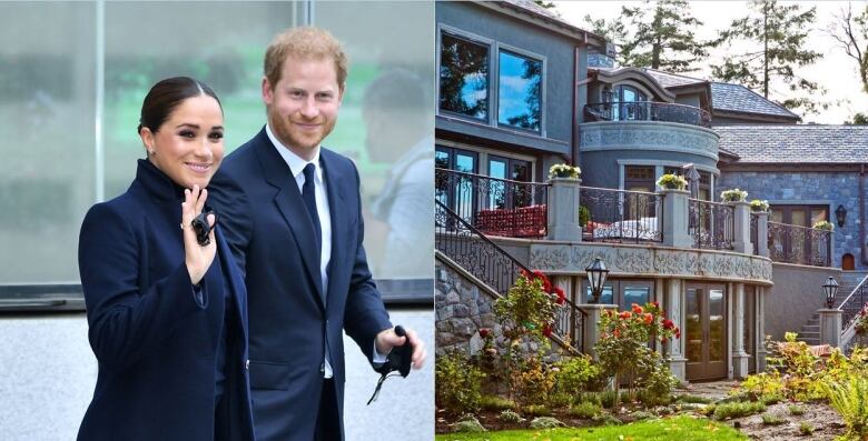 Prince Harry and Meghan Markle are pictured on the left. The exterior of a mansion is pictured on the right.