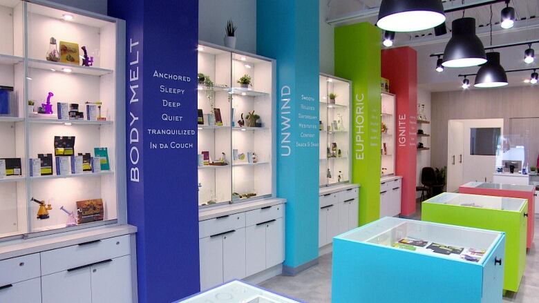 A colourful cannabis store whose products are separated by sections: body melt, unwind, euphoric, and ignite. 