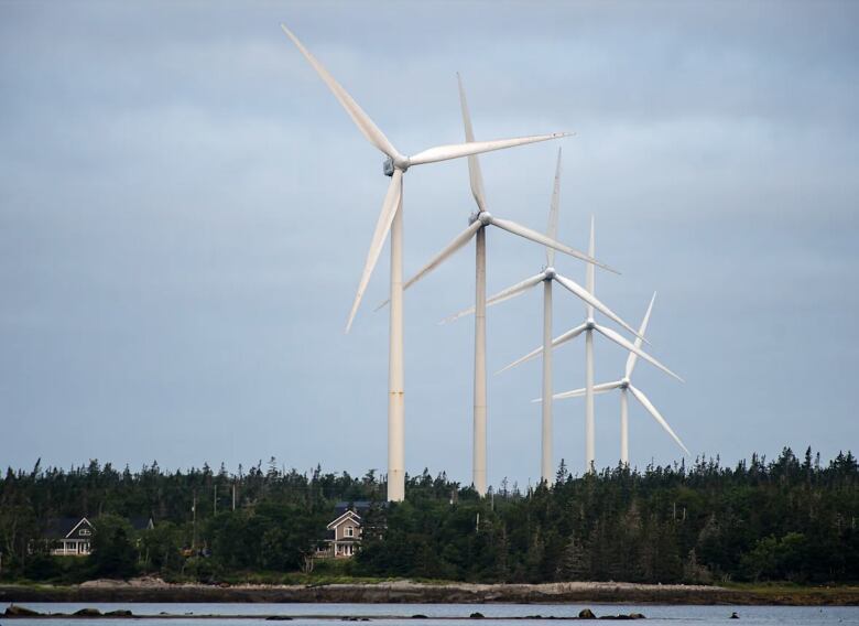 Wind turbines are shown looming above trees and homes.