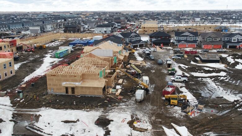 Houses are shown in various stages of construction in this drone shot of a neighbourhood in the east of Regina. 