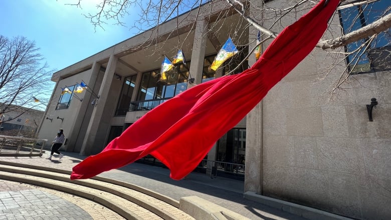 A red dress sways in the wind as it hangs from a tree at Winnipeg's city hall. City flags fly in the background. 