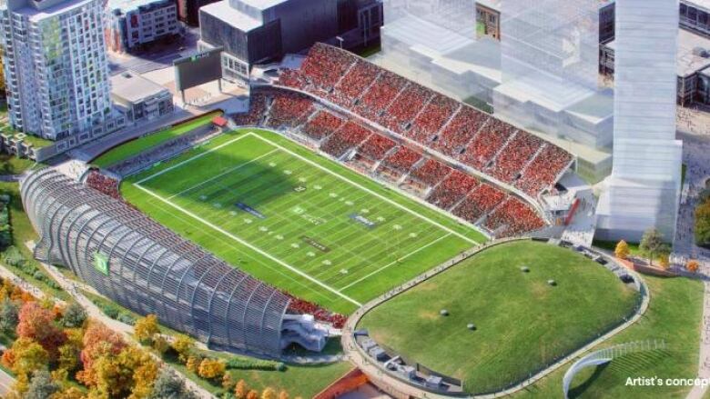 An aerial view of proposed new stadium stands and arena location at Lansdowne, from 2022.