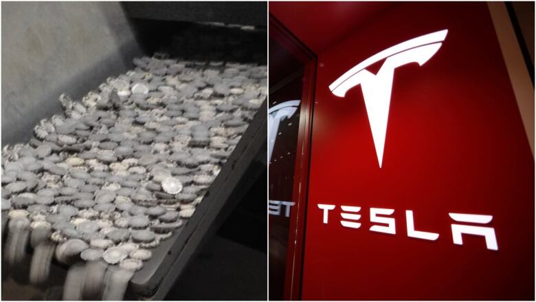 Side-by-side images show nickel on the left and a Tesla logo on the right. 