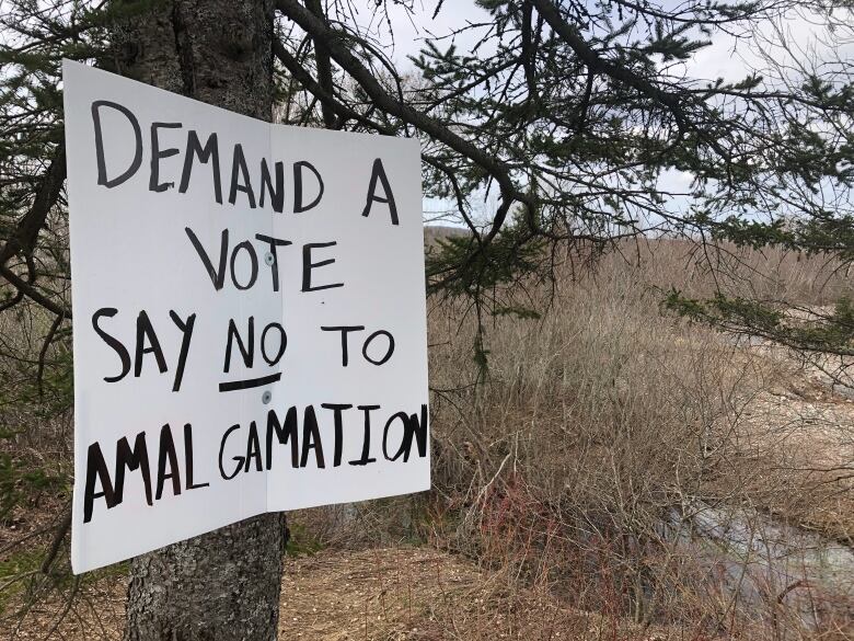 A sign on a back road in Antigonish County calls for a public vote on a potential merger with the town. 