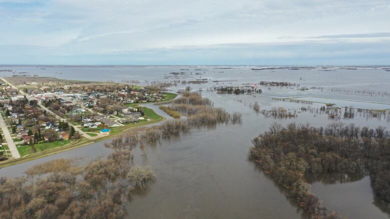 A flooded section of the Red River, with the town of Morris protected by a ring dike.