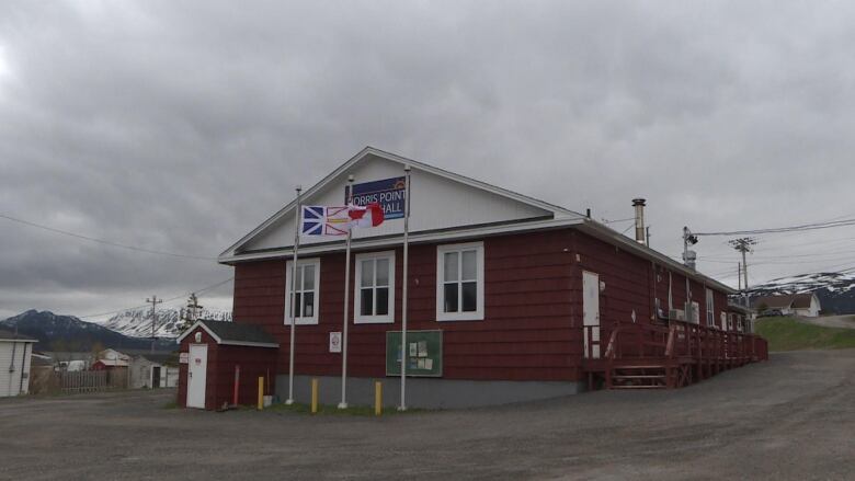 A red building with three flags blowing in front of it.