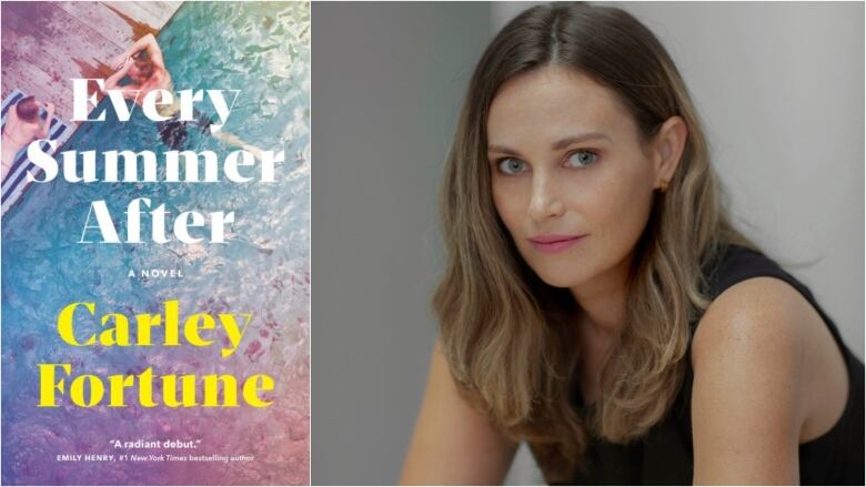 Every Summer After by Carley Fortune. Book cover shows a lake with one person swimming and anothing laying on a towel on a wooden dock. Portrait of the author.