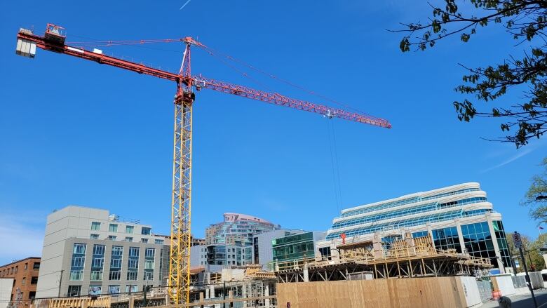 An orange construction crane is seen against a blue sky against the tops of buildings 