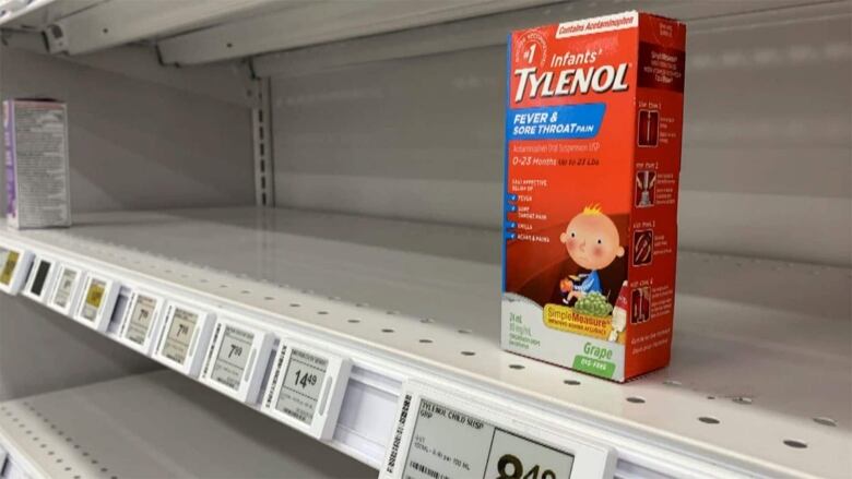 A single box of Infants Tylenol medication is all that's left on an empty pharmacy shelf usually filled with main relief medications.