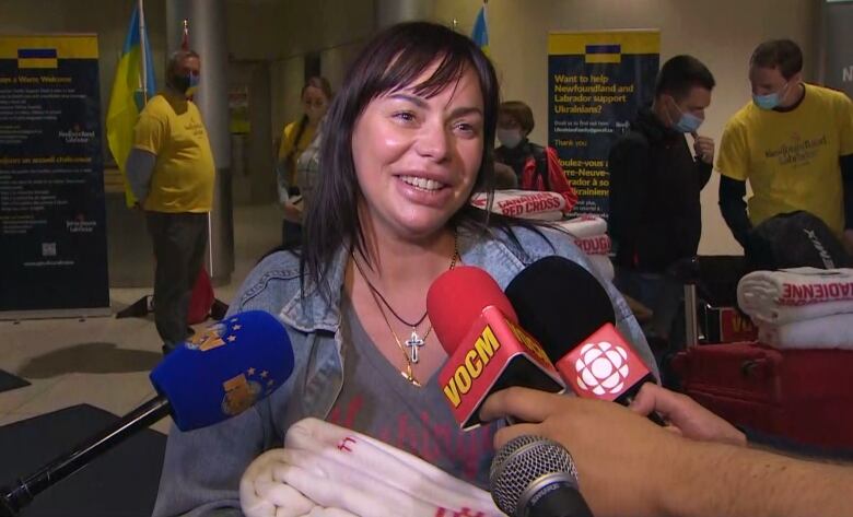 Iryna Krasilnikova inside St. John's International Airport on Tuesday after arriving from Warsaw. 