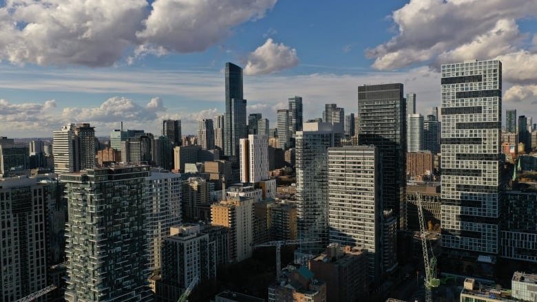 An aerial drone shot of Toronto highrise apartment buildings.