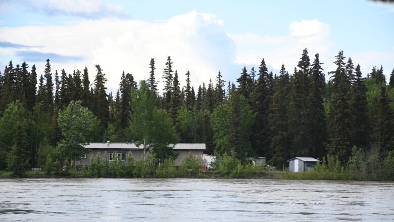 A house in the trees on the low bank of a river.