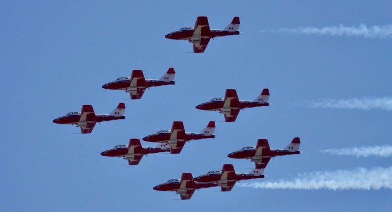 A group of 8 military planes flying in close formation