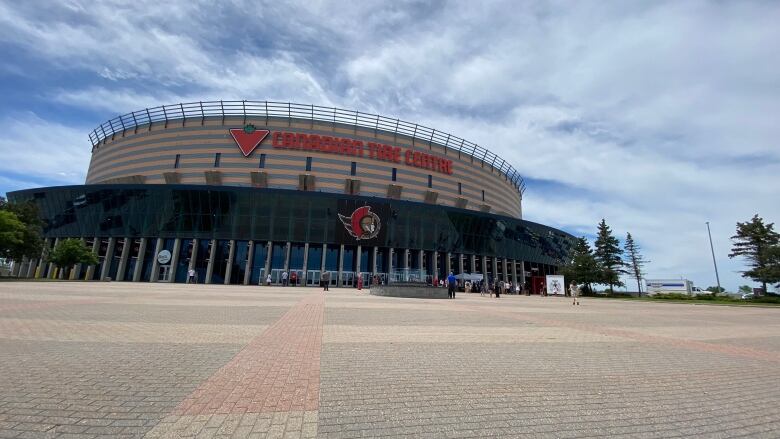 A wide shot of the outside of a hockey arena.