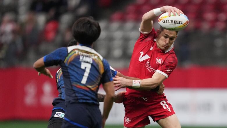 A rugby player from Halifax is shown competing in a match for Team Canada on  Sunday, April 17, 2022, in Vancouver.