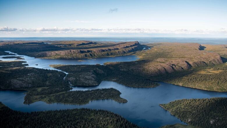 An aerial shot of a large lake surrounded by forest.