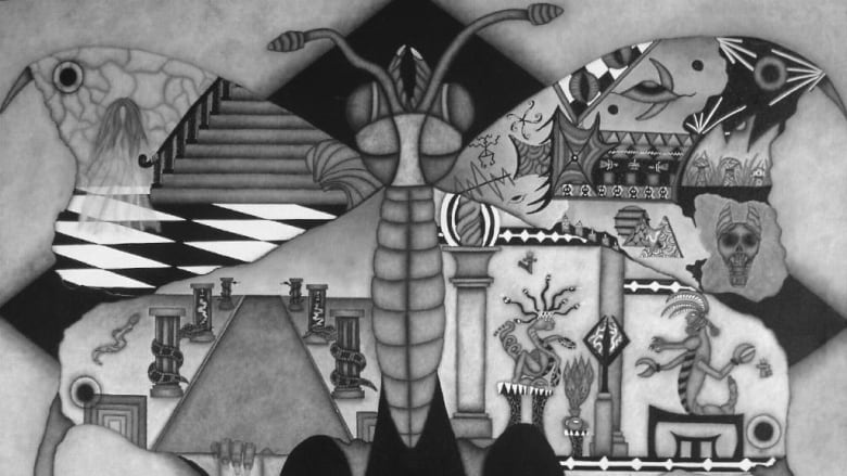 A black and white painting with surreal images of skulls, insects and snakes. 