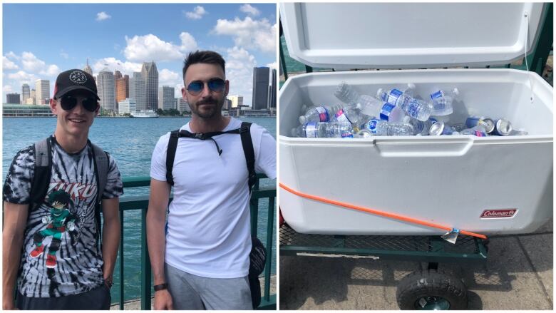 Two men handing out cold drinks to people